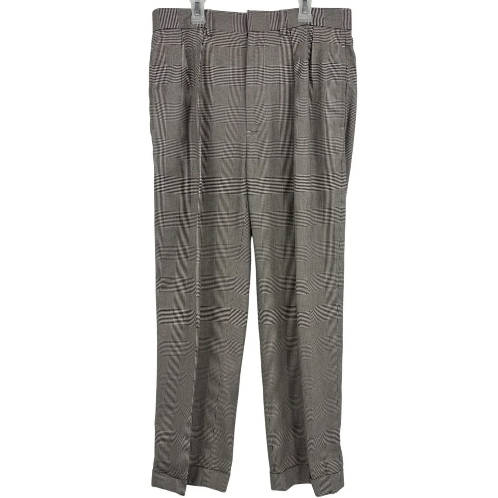 Polo Ralph Lauren Mens 32x30 Glen Plaid Pleated Cuffed Cotton Dress Pants Brown